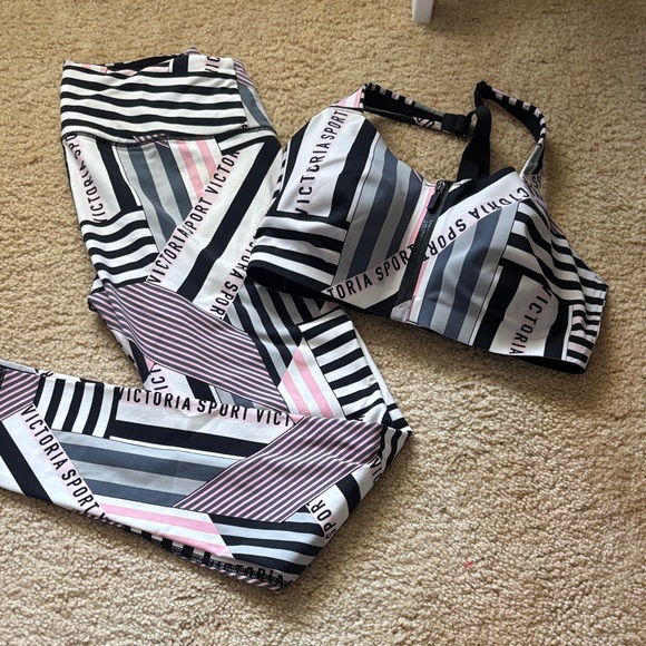 Victoria's Secret Striped Sports Bra and Leggings Set - Black, White, Pink - Picture 1 of 5